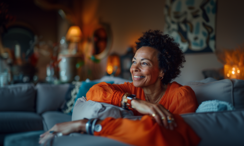 senior woman smiling on her living room sofa