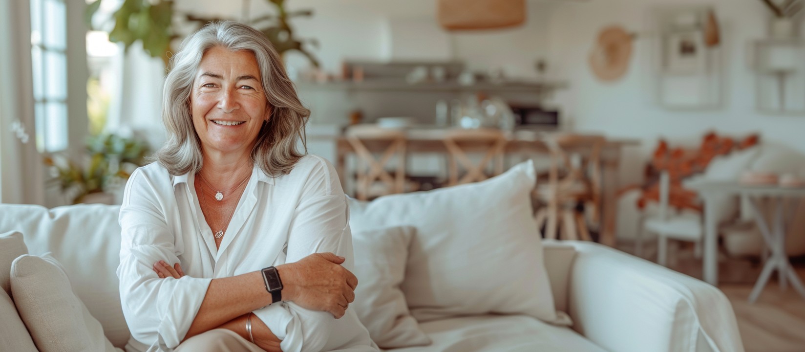 senior woman smiling at the camera on her living room sofa with a smartwatch on her wrist