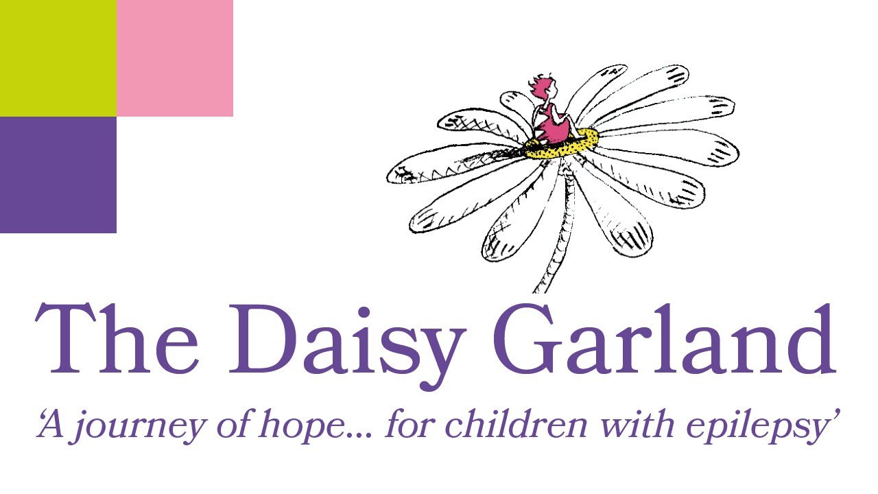 the daisy garland logo with text underneath saying a journey of hope for children with epilepsy and a graphic of a young child sitting on a daisy